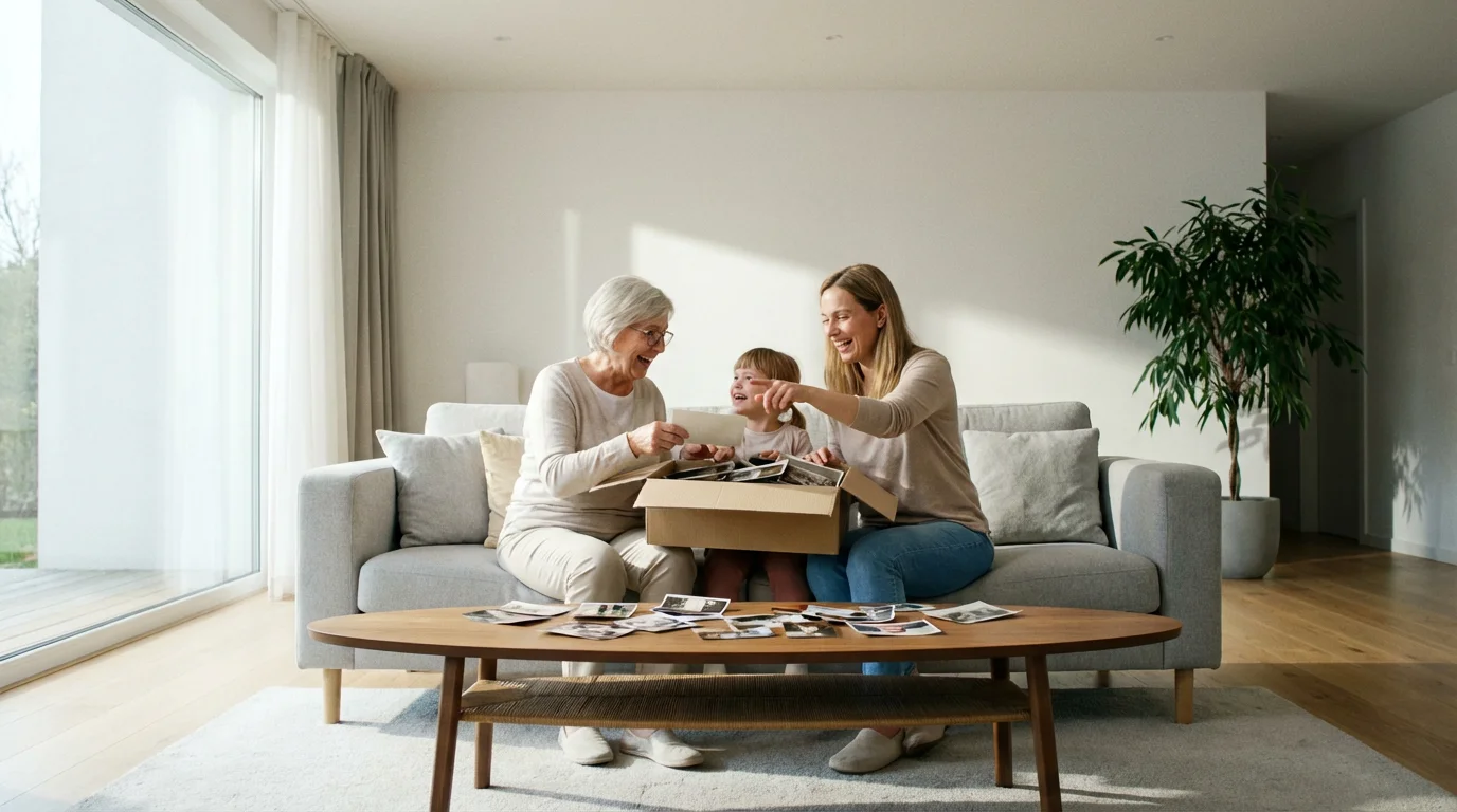 A family sorting through old photographs in a bright living room to plan a calendar.