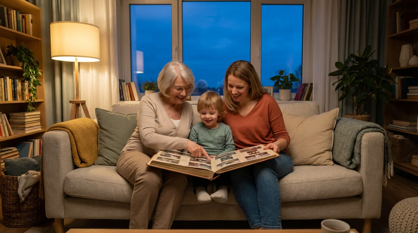A family with three generations looking at a photo scrapbook together at dusk.