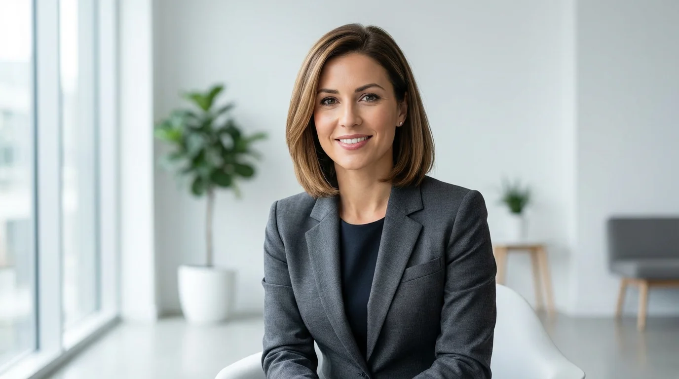 A female professional poses for a corporate headshot in a modern office with window light.