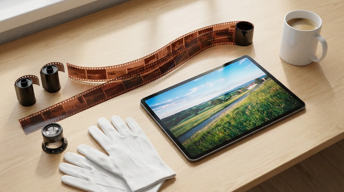 A flat lay of 35mm film negatives, a tablet showing a digital photo, and tools.