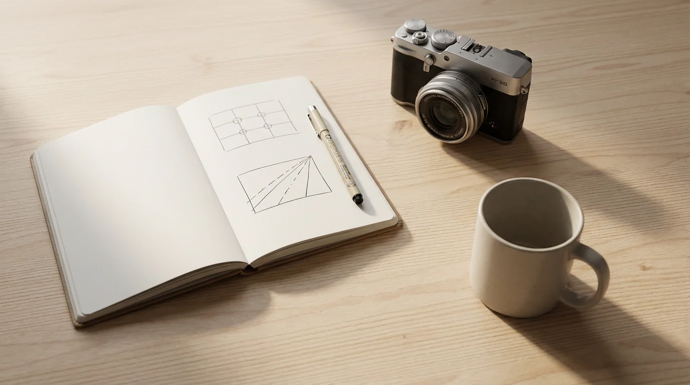 A flat lay of a camera, a notebook with composition sketches, and a mug.