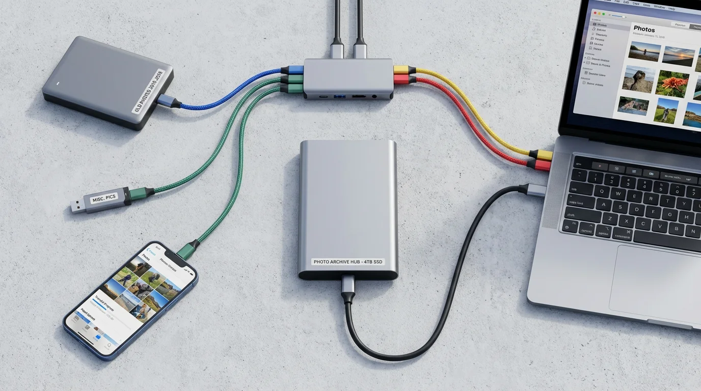 A flat lay of a central hard drive connected to a laptop, phone, and other drives.