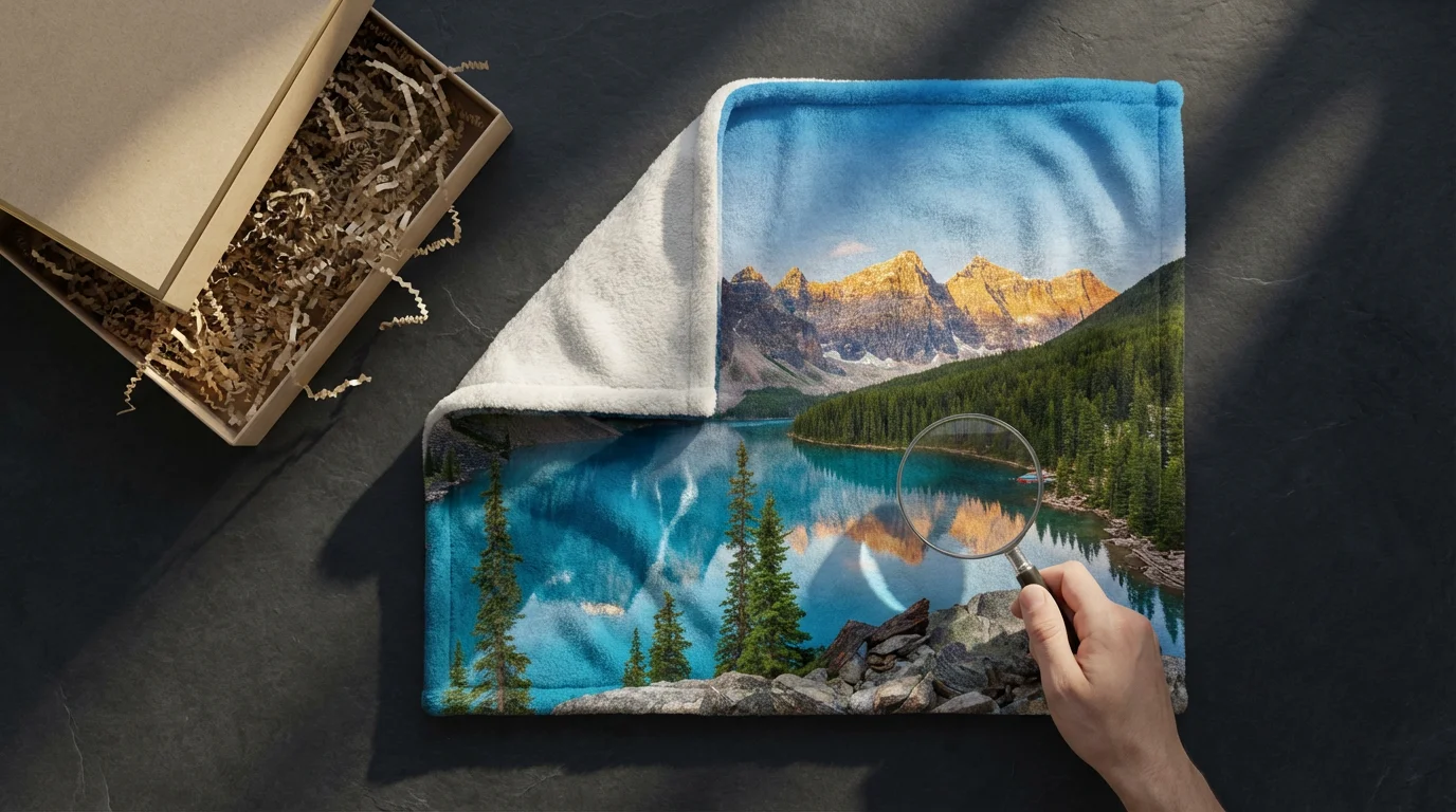 A flat lay of a custom photo blanket with a mountain image, next to its packaging box.
