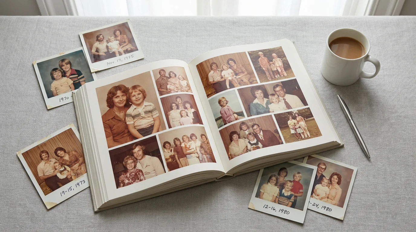 A flat lay of a custom photo book displaying vintage family pictures.