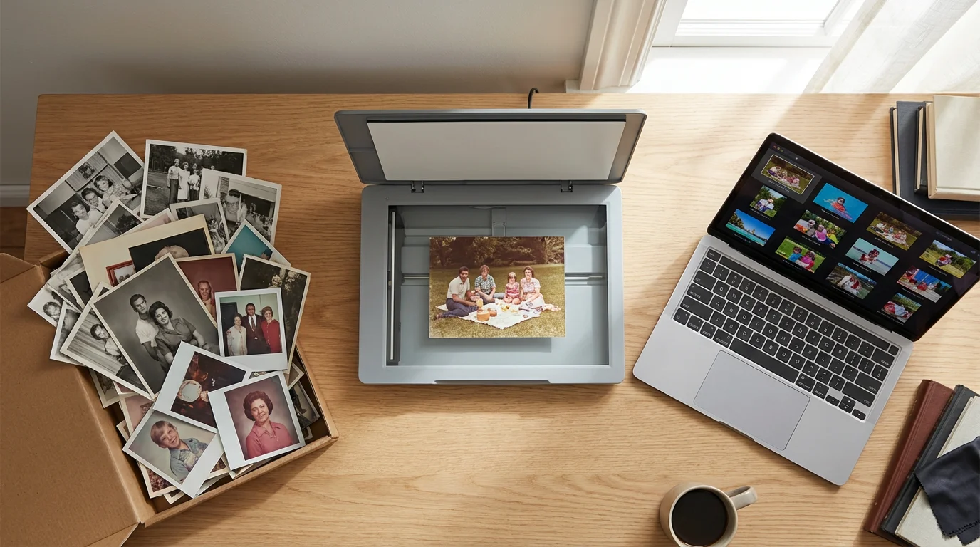 A flat lay of a desk with a scanner, laptop, and piles of old photographs.