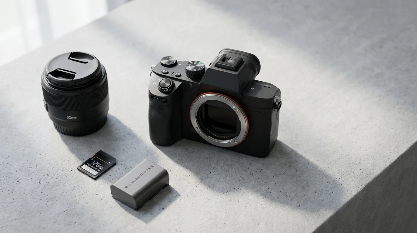 A flat lay of a modern mirrorless camera and key accessories like a lens and battery.