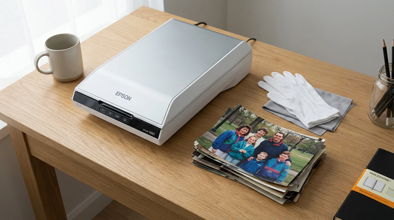 A flat lay of a photo scanner, vintage photos, and archival gloves for digitization.