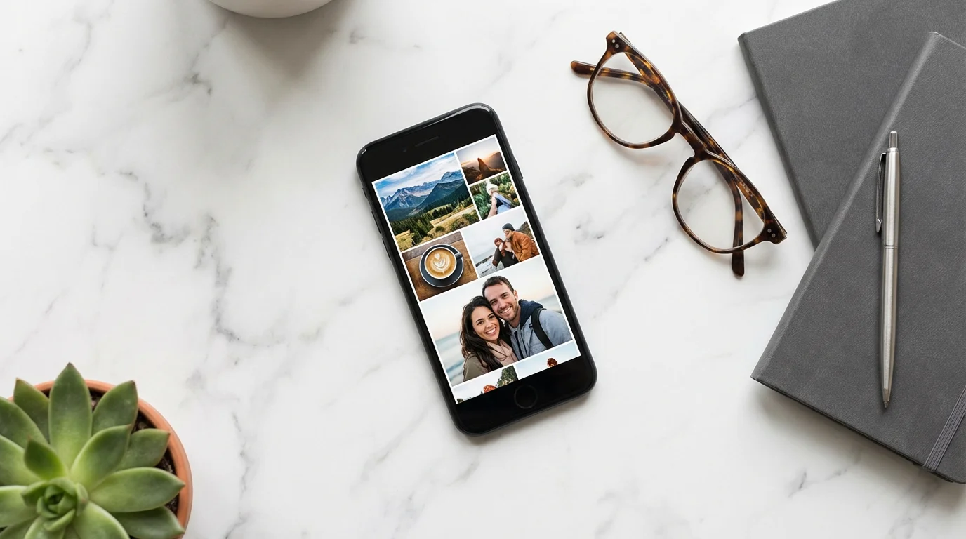 A flat lay of a smartphone displaying a photo gallery, next to glasses and a journal.