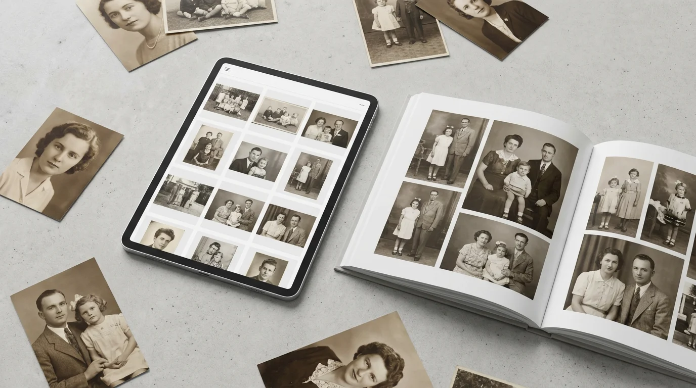 A flat lay of a tablet, a custom photo book, and prints sharing digitized vintage family pictures.