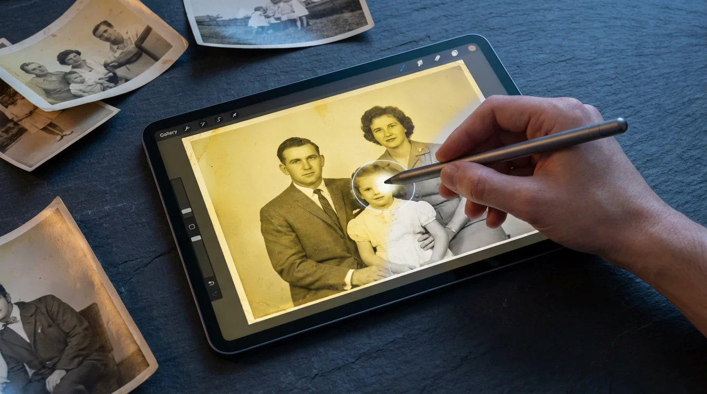 A flat lay of a tablet showing advanced photo restoration with a stylus at dusk.
