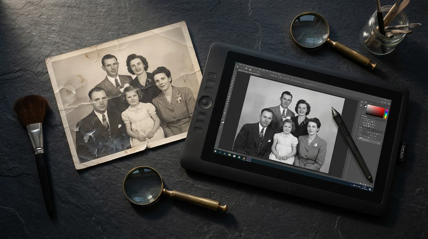 A flat lay of a vintage photo, graphics tablet, and stylus for digital colorization.