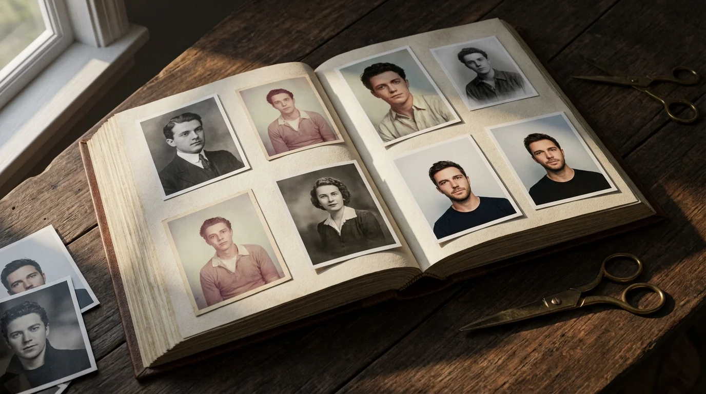 A flat lay of a vintage scrapbook filled with printed self-portraits on a table.