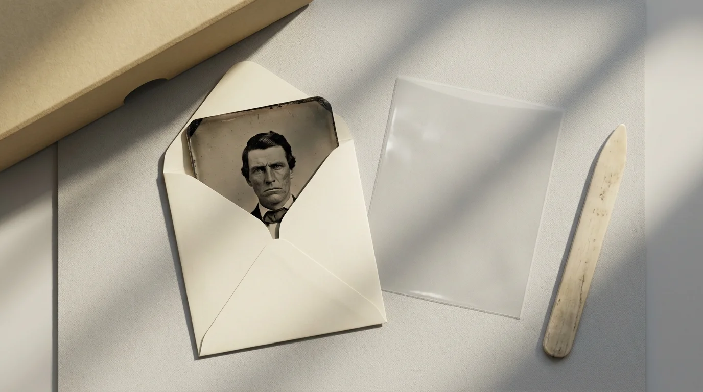 A flat lay of a vintage tintype photo being placed into acid-free archival storage materials.