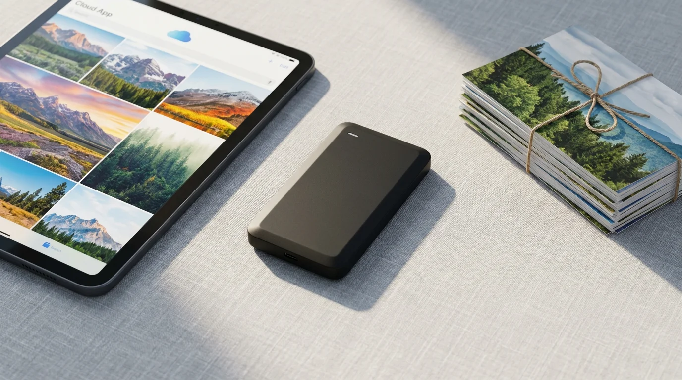A flat lay of an external hard drive, a tablet, and printed photos.