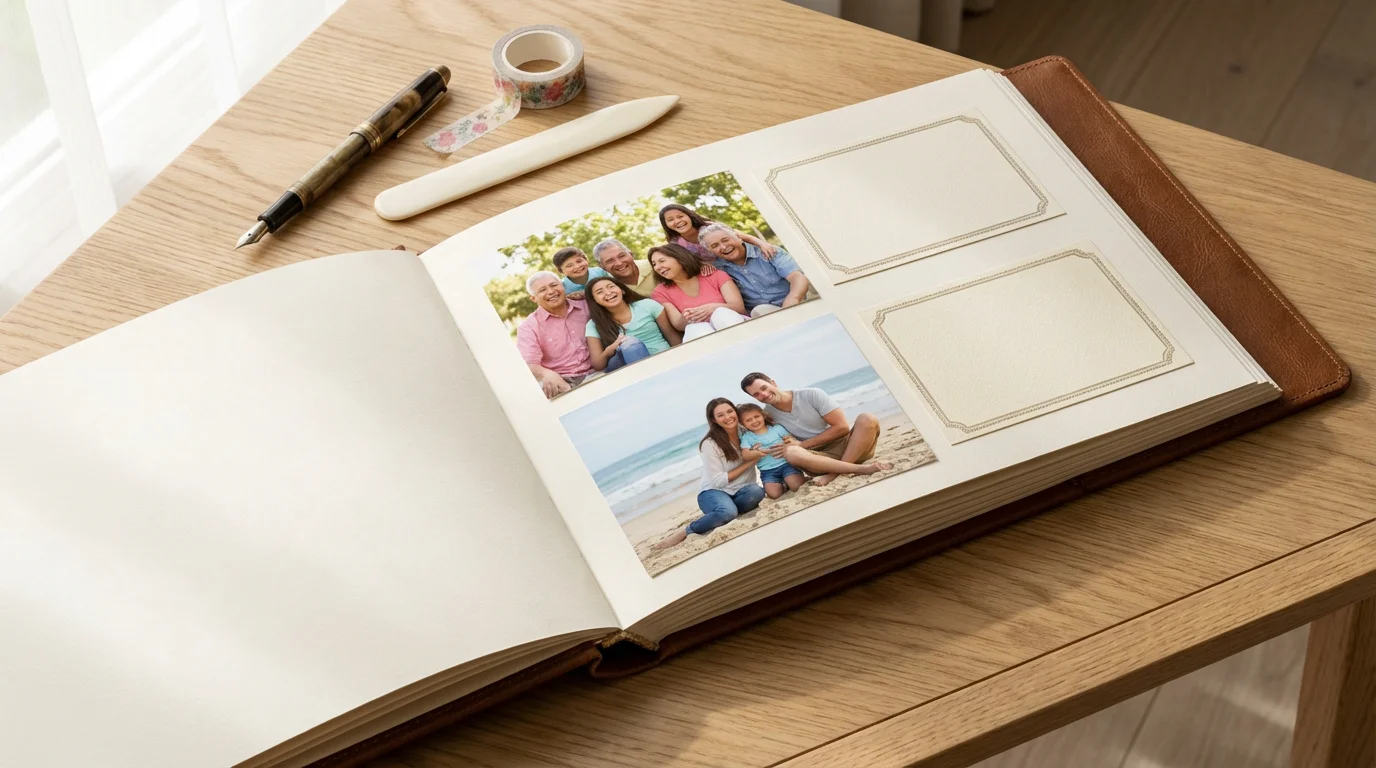 A flat lay of an open scrapbook page with family photos and blank caption cards.
