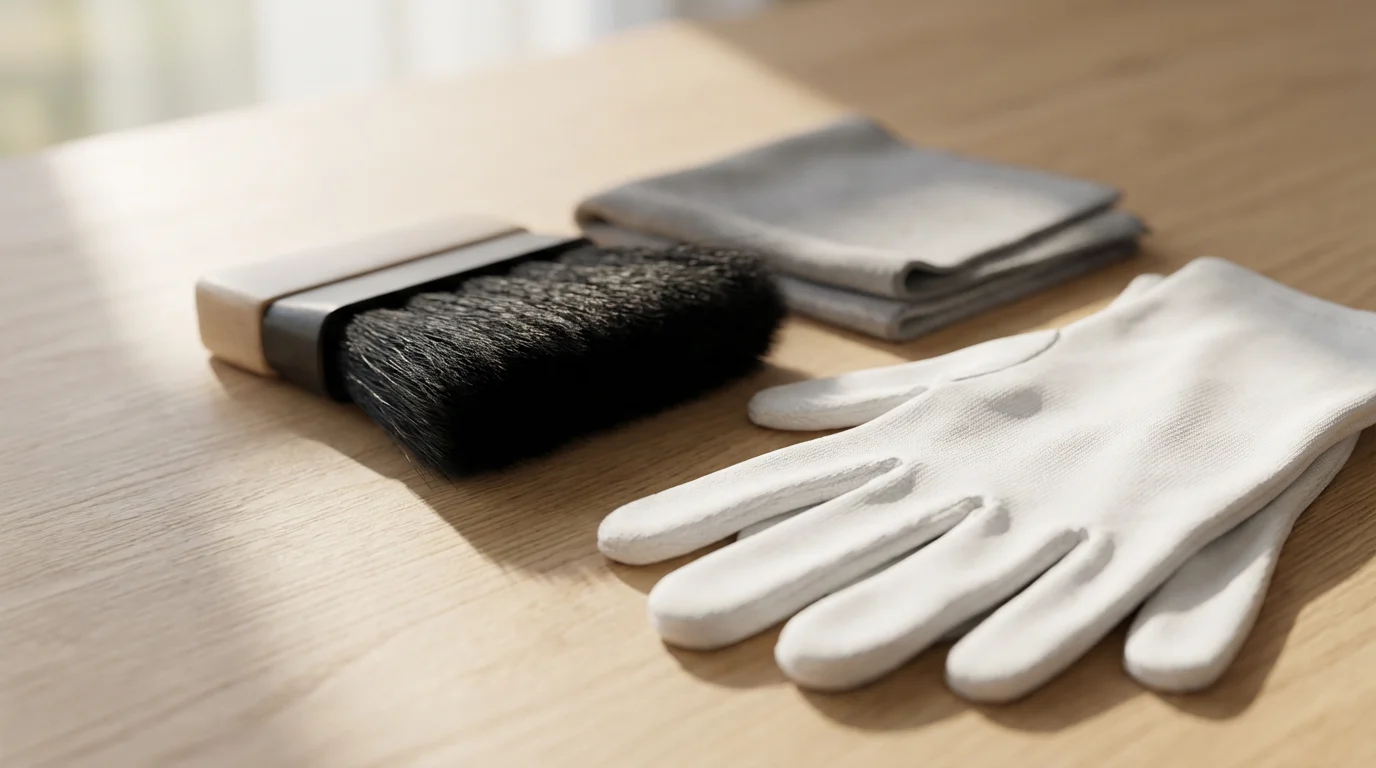 A flat lay of archival gloves, an anti-static brush, and a microfiber cloth.