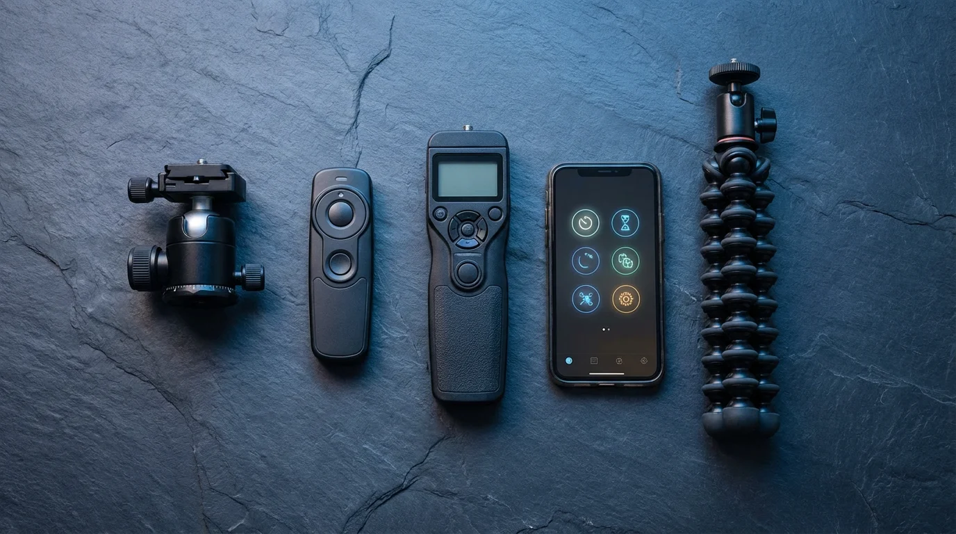 A flat lay of camera accessories for advanced self-portraits on a slate surface.
