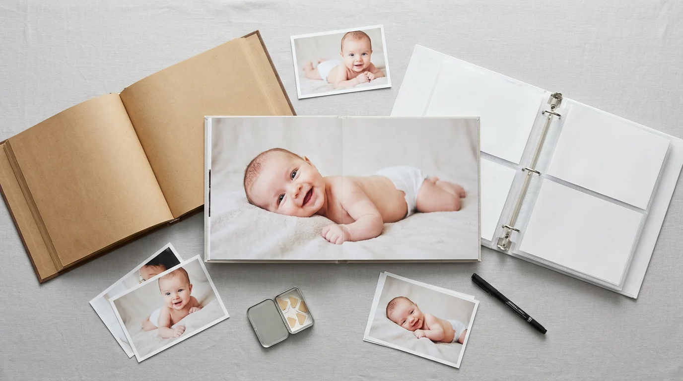 A flat lay of different baby photo album formats, including a scrapbook and layflat book.