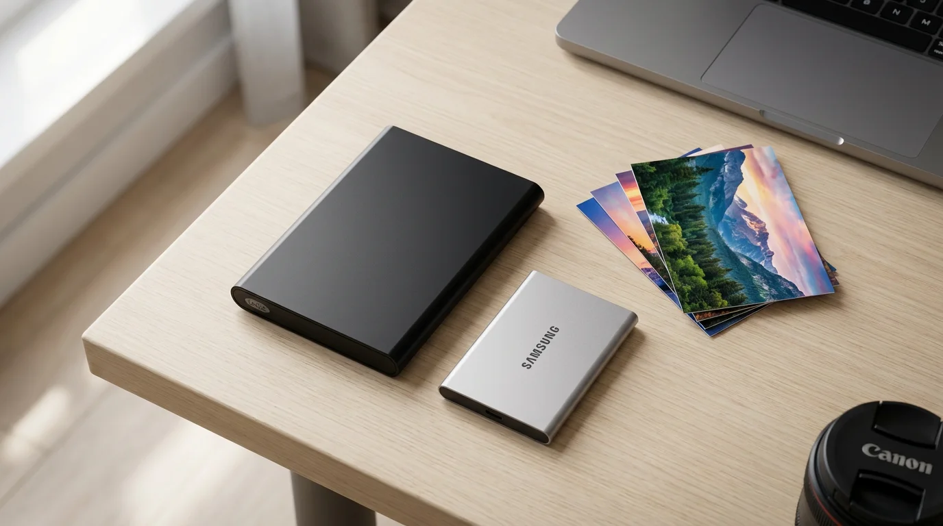 A flat lay of external hard drives, photo prints, and a laptop on a desk.
