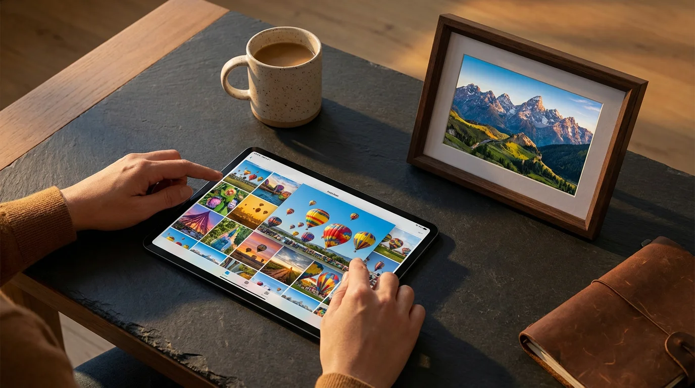 A flat lay of hands customizing a photo slideshow on a tablet beside a digital frame.