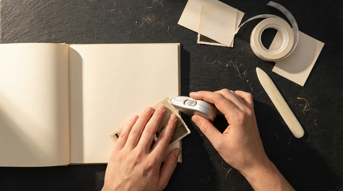 A flat lay of hands using a tape runner to apply adhesive to a photograph.