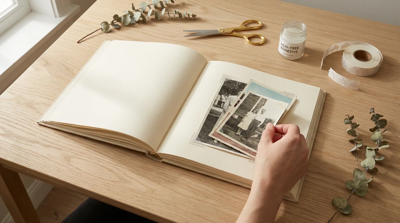 A flat lay of materials for creating a memorial photo album on a wooden table.