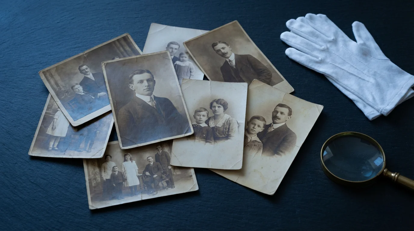 A flat lay of old, damaged family photos with archival gloves and a magnifying glass.