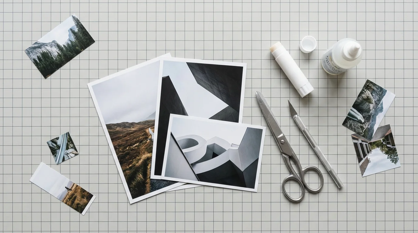A flat lay of physical collage supplies including photos, scissors, a knife, and glue.