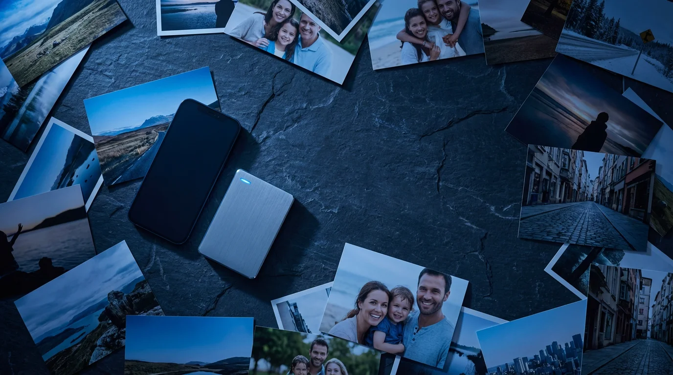 A flat lay of physical photographs, a smartphone, and an external hard drive.