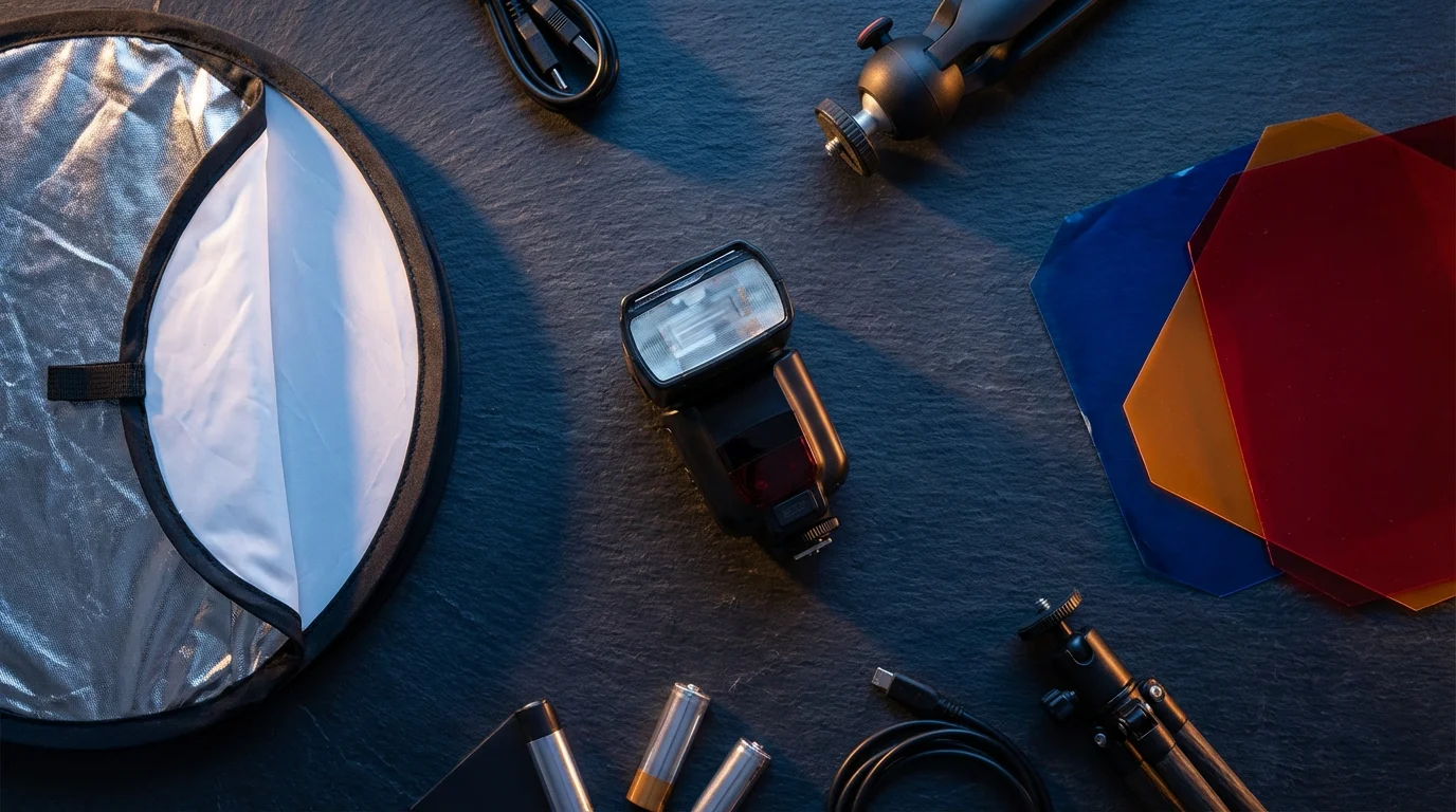 A flat lay of portable photography lighting gear, including a flash and reflector.