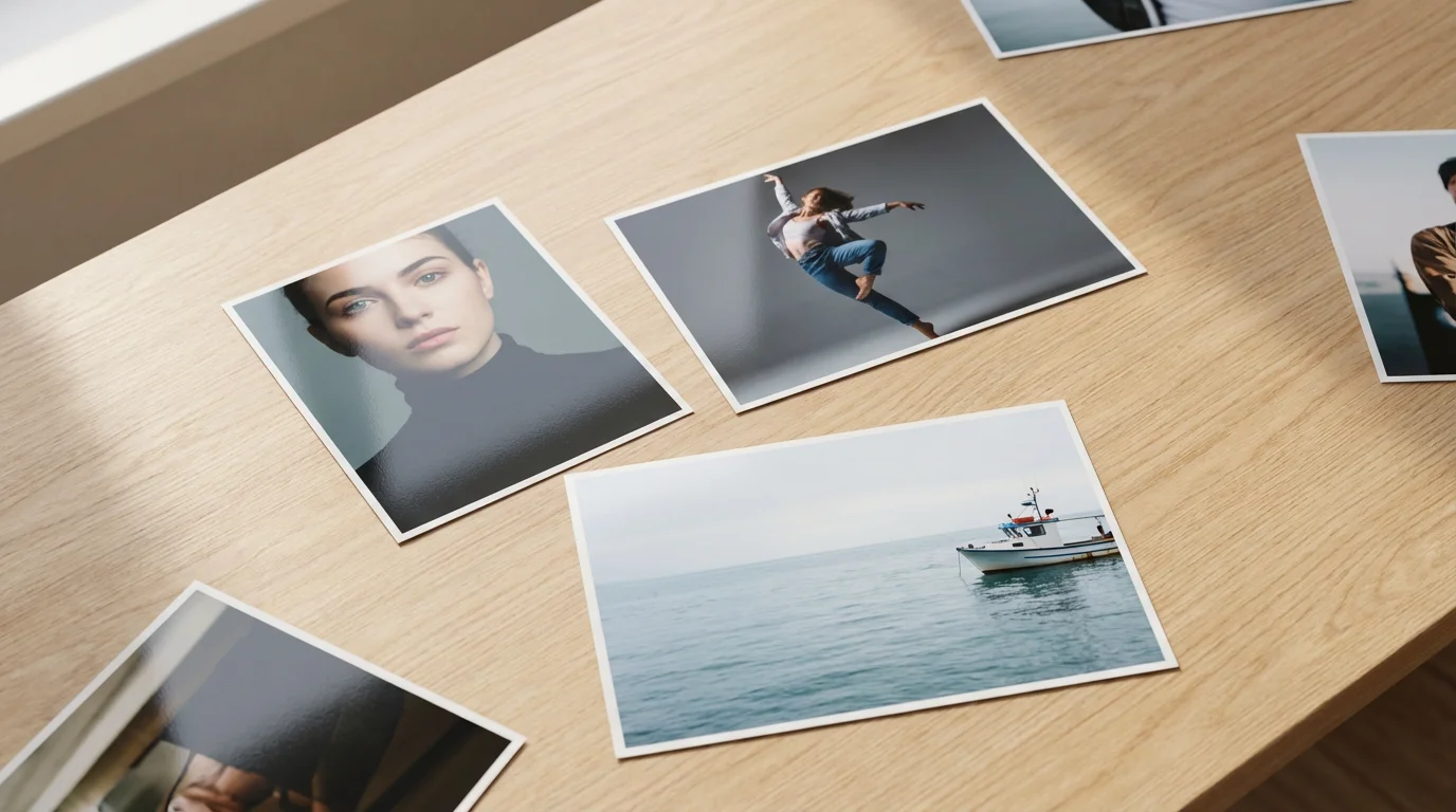A flat lay of printed photos on a wooden desk showing common cropping mistakes.