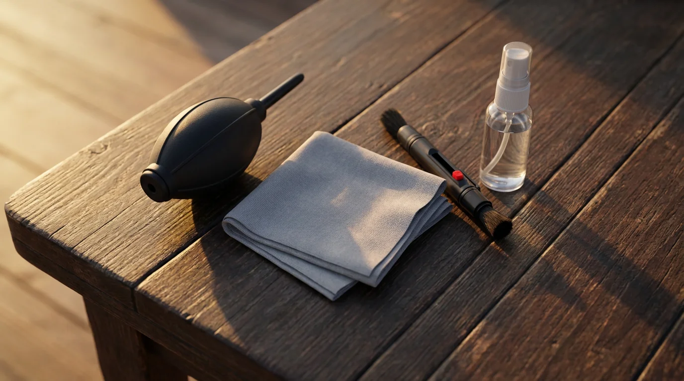 A flat lay of professional camera lens cleaning tools on a wooden surface.