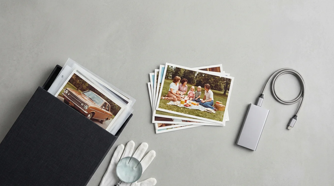 A flat lay of restored vintage photographs, an archival storage box, and an external SSD.