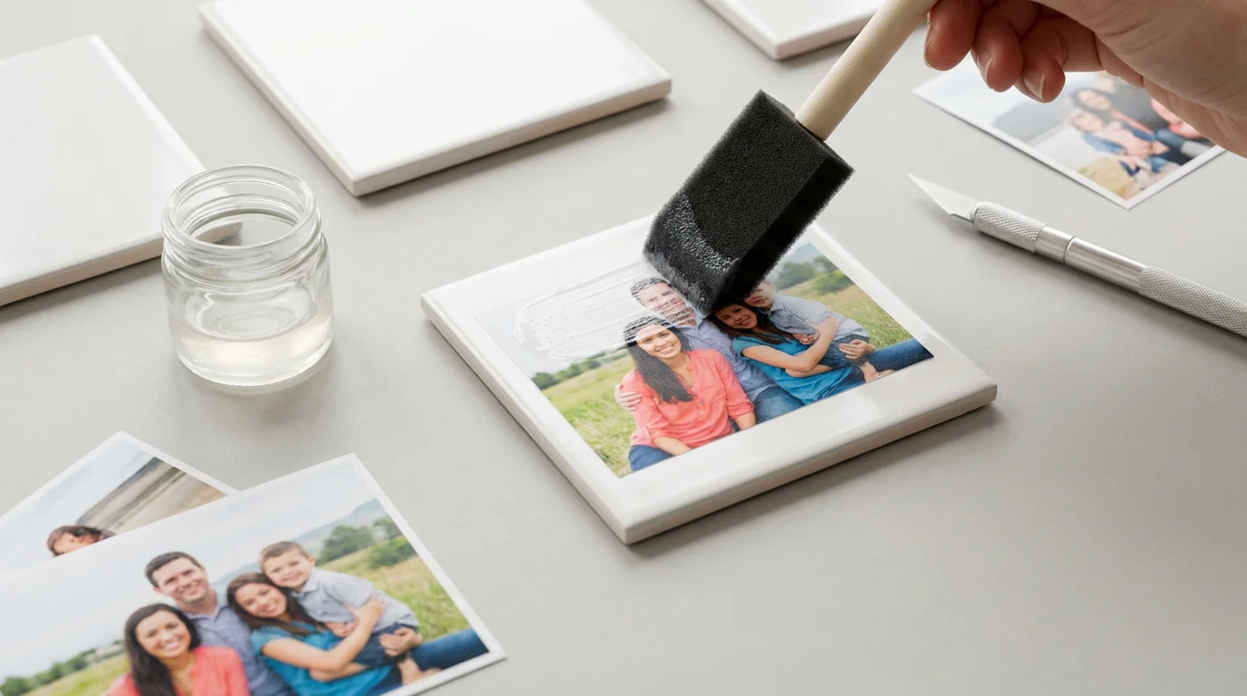 A flat lay of supplies for making DIY photo coasters on a gray table.