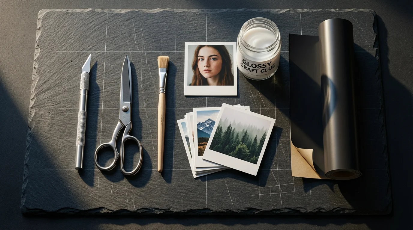 A flat lay of tools and materials for making DIY photo magnets at home.