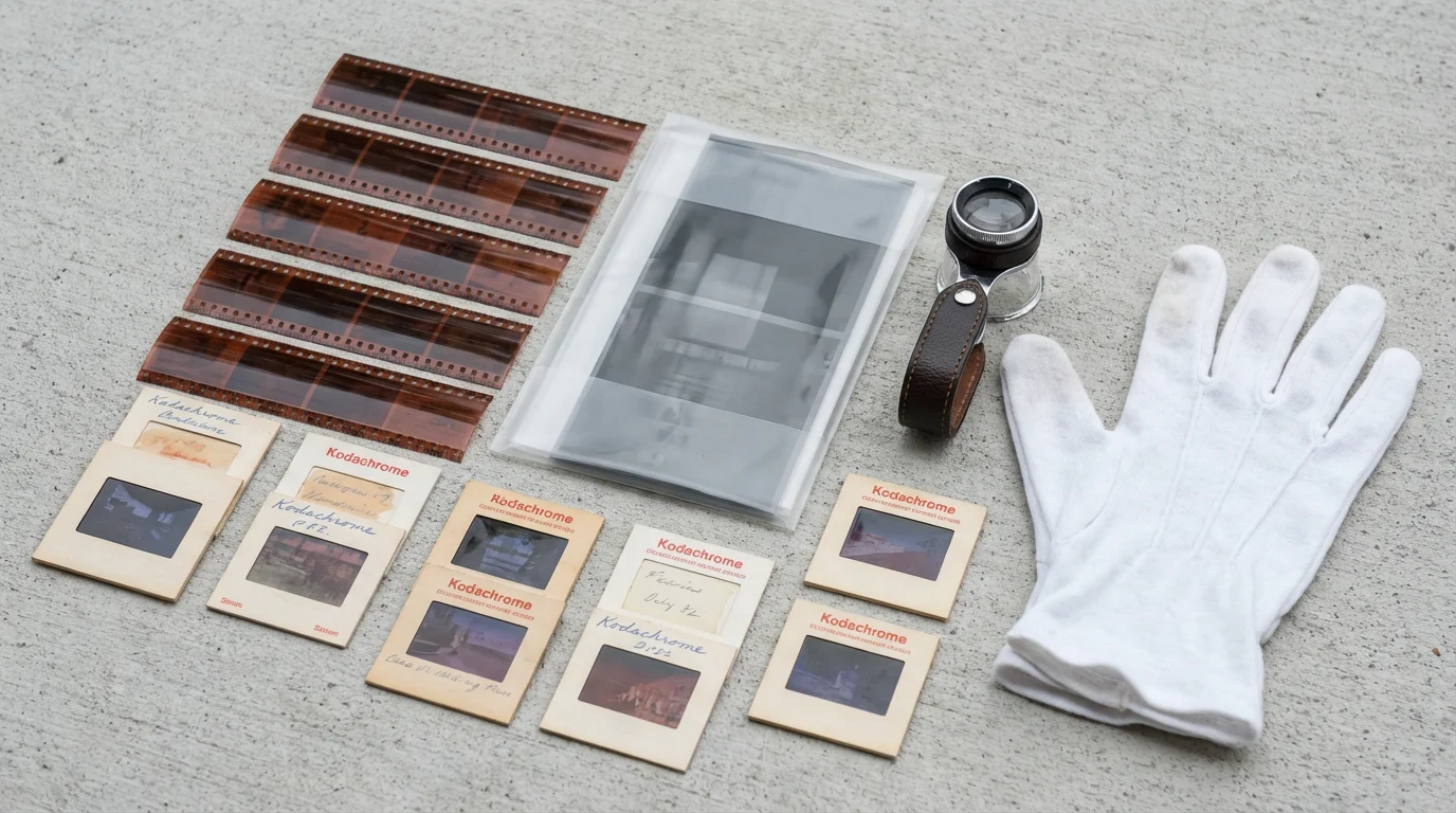 A flat lay of various vintage film formats, including 35mm and 120 negatives.