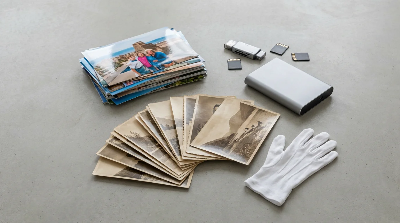 A flat lay of vintage and modern photos with an external hard drive.