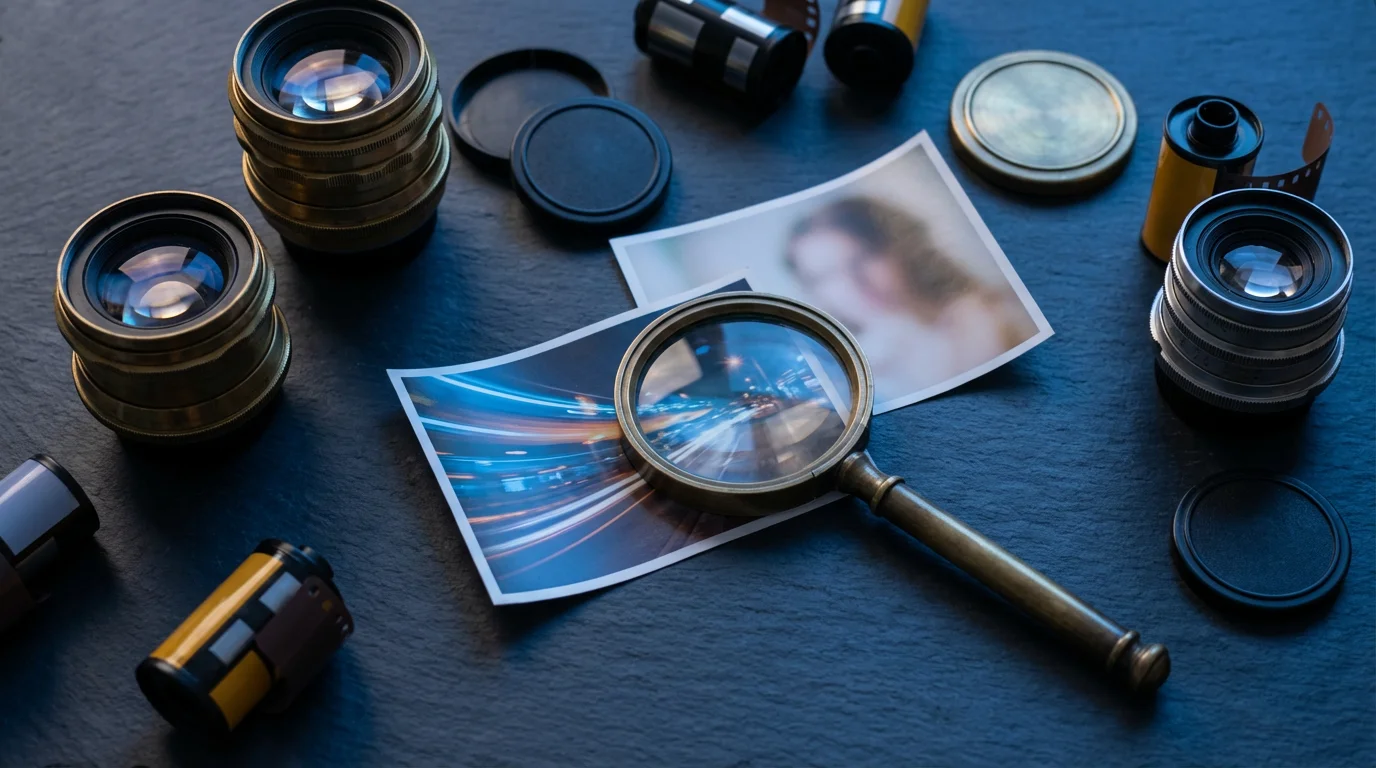 A flat lay of vintage camera lenses and blurry photos during blue hour.