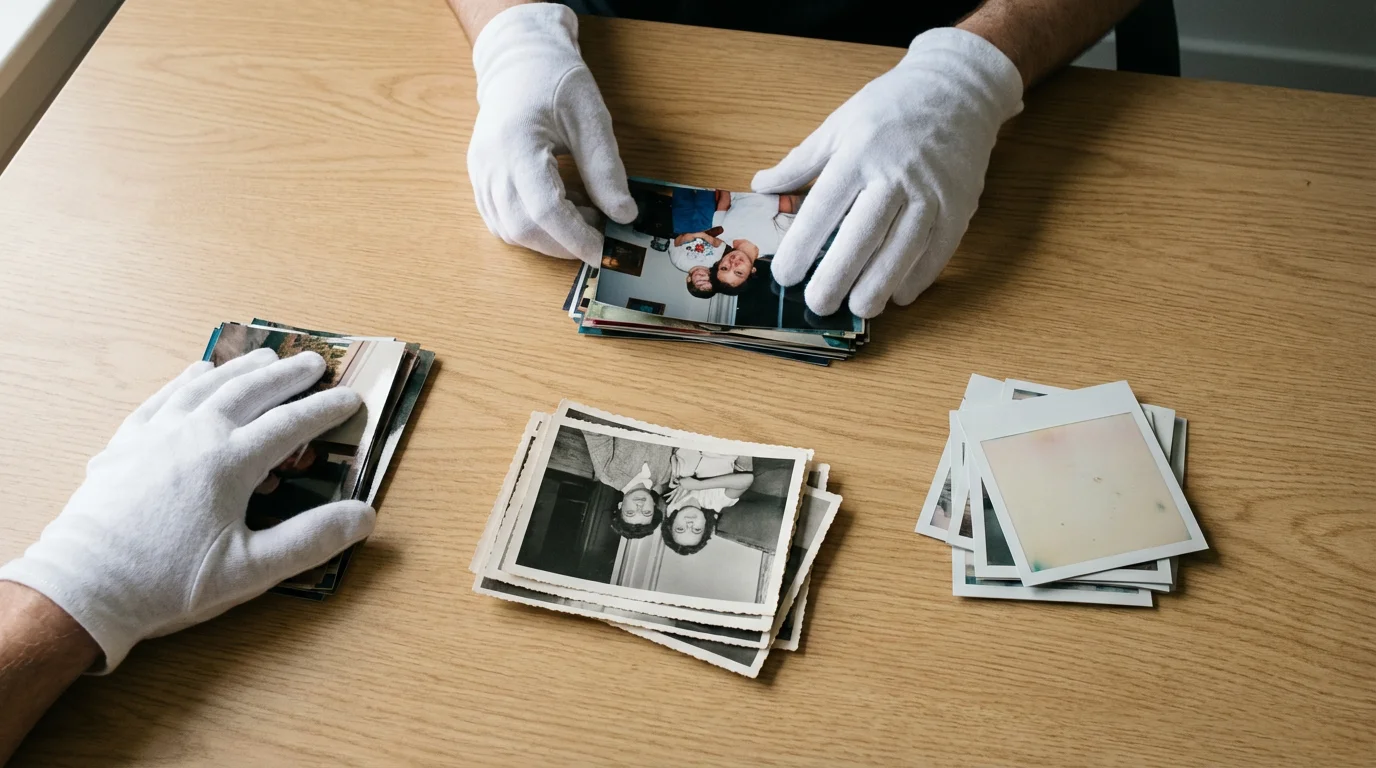 A flat lay of vintage photographs being sorted into organized piles on a wooden desk.