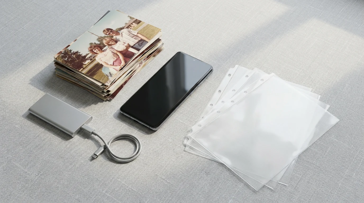 A flat lay of vintage photos, a smartphone, and an external hard drive.