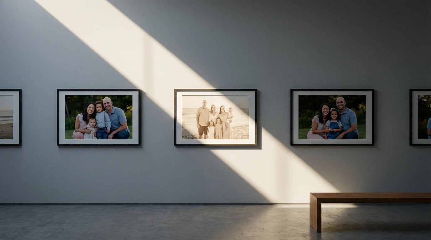 A framed photograph on a gallery wall, faded and damaged by a direct sunbeam.