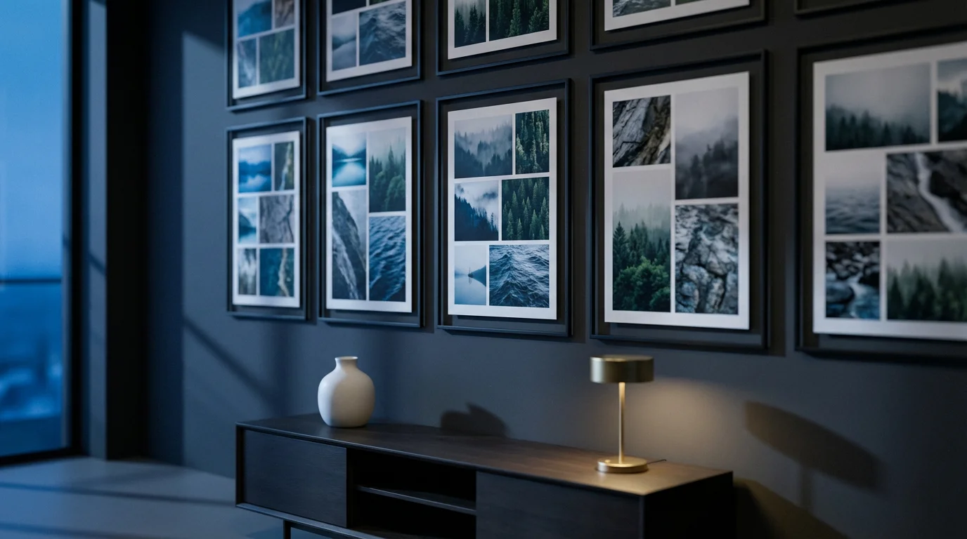 A gallery wall of framed photo collages in a modern living room during blue hour.