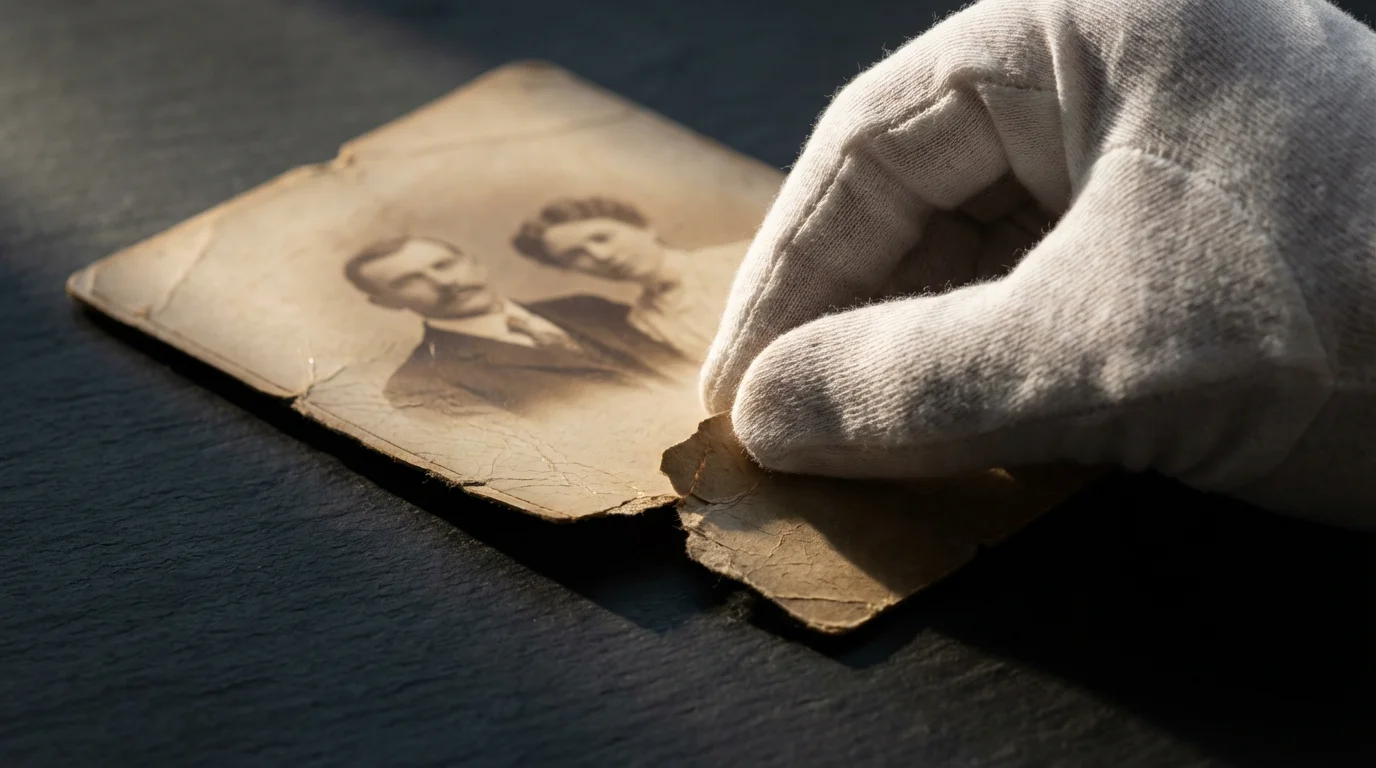 A gloved hand carefully holds the corner of an old, damaged photograph for preservation.