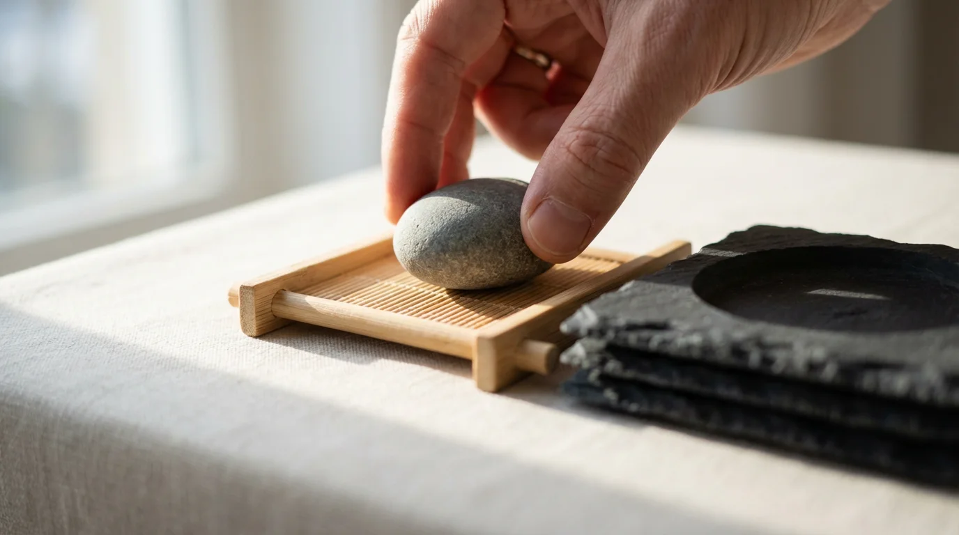 A hand sorting a smooth grey stone into one of two distinct trays.