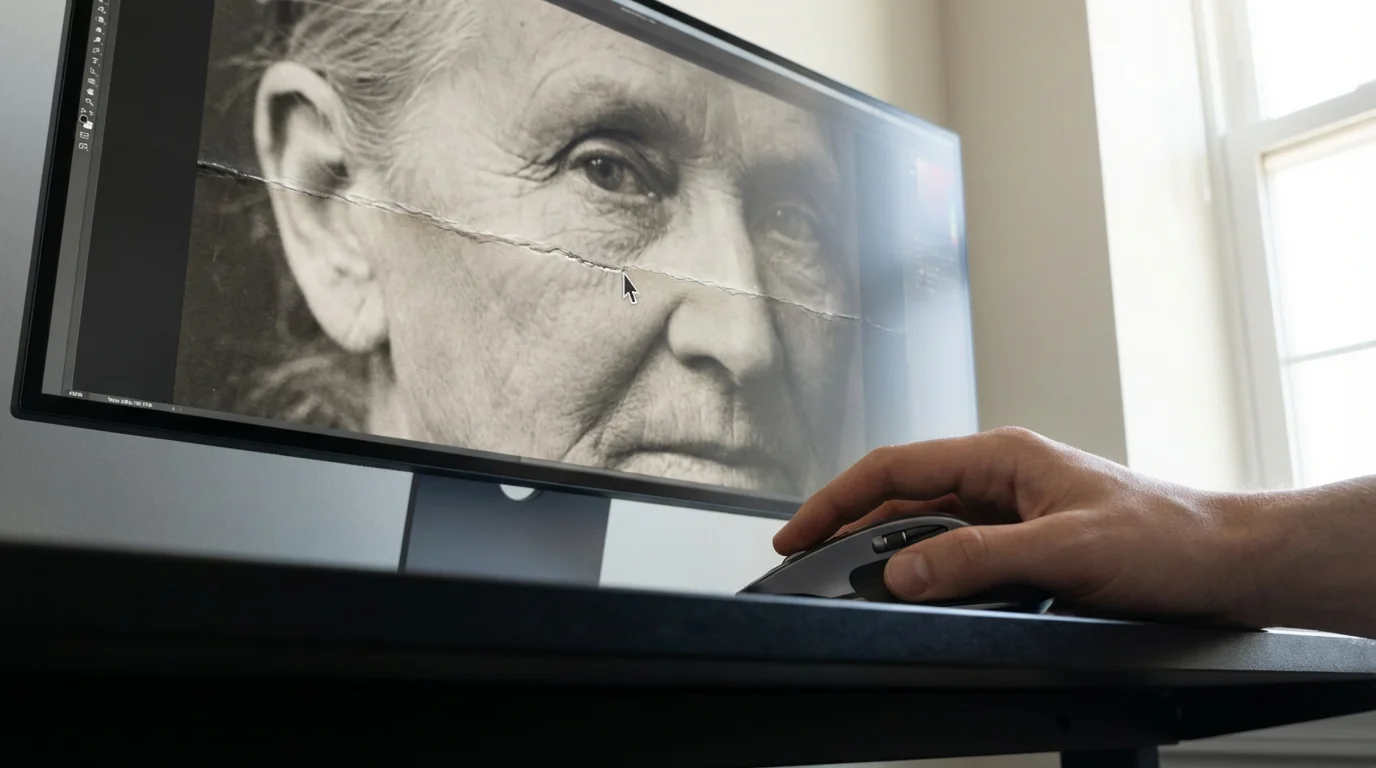 A hand using a mouse to digitally repair a large crease on a scanned vintage photo.