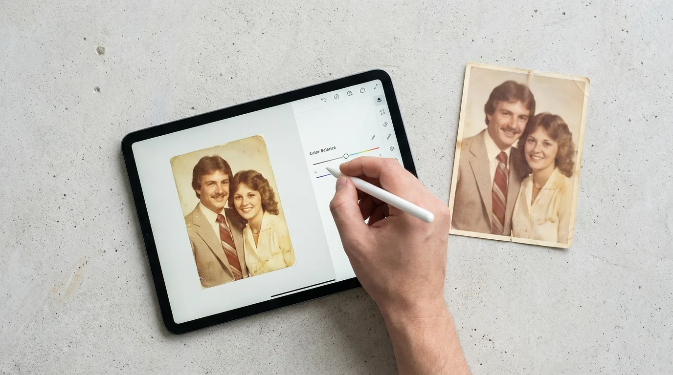 A hand using a stylus to restore an old faded photograph on a tablet.