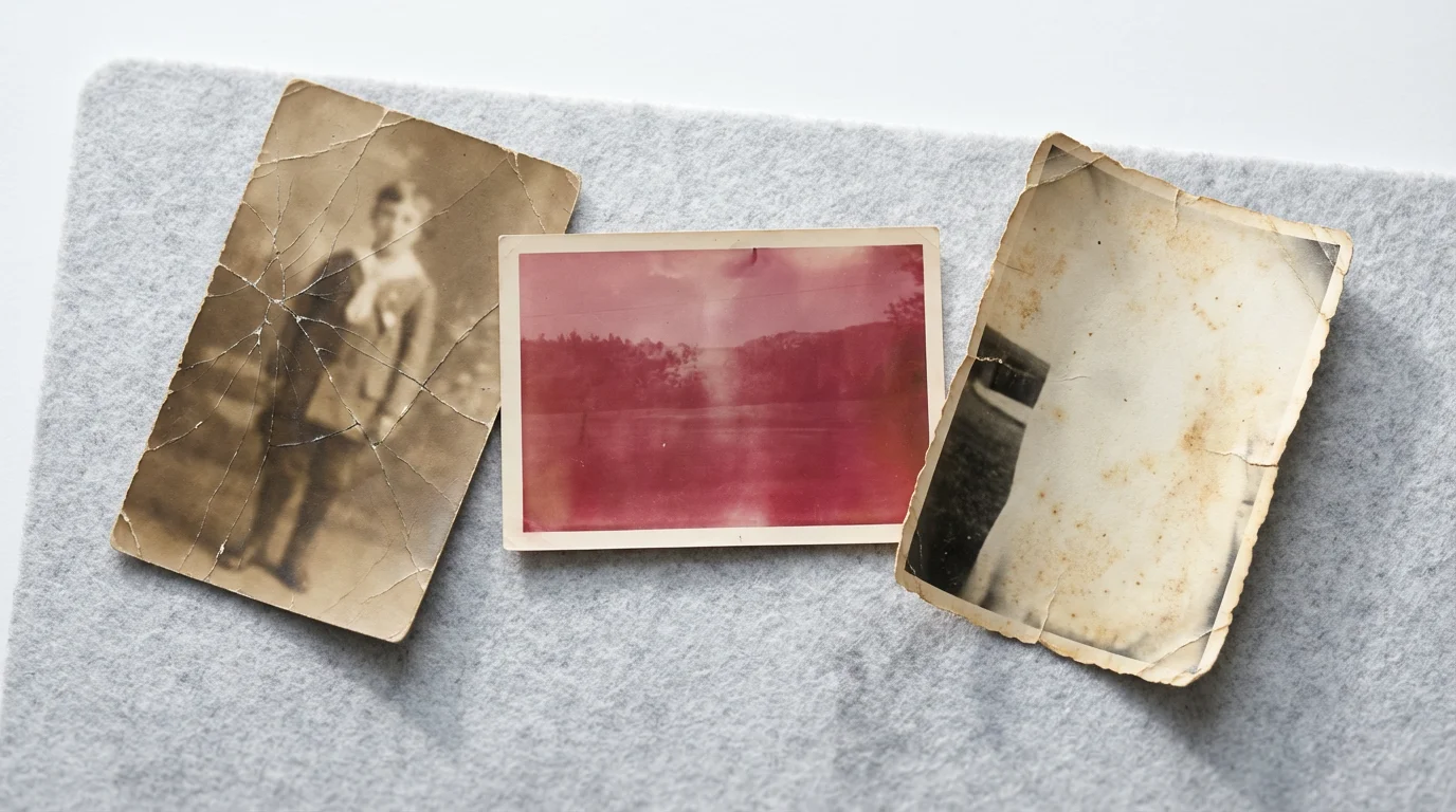 A high-angle flat lay of several old, faded, and discolored photographs on a neutral background.