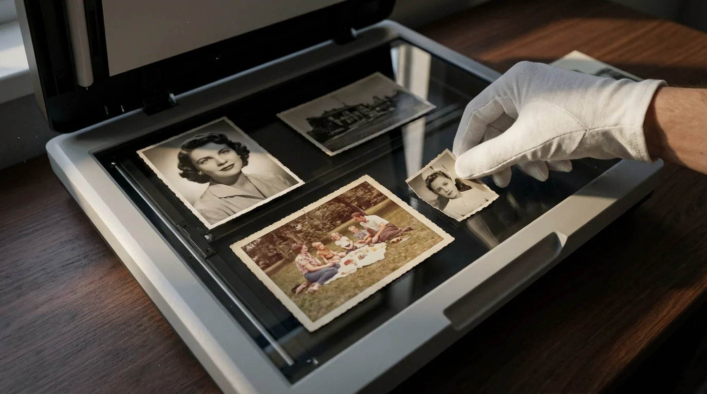 A high-angle flat lay of vintage photos being arranged on a scanner bed.
