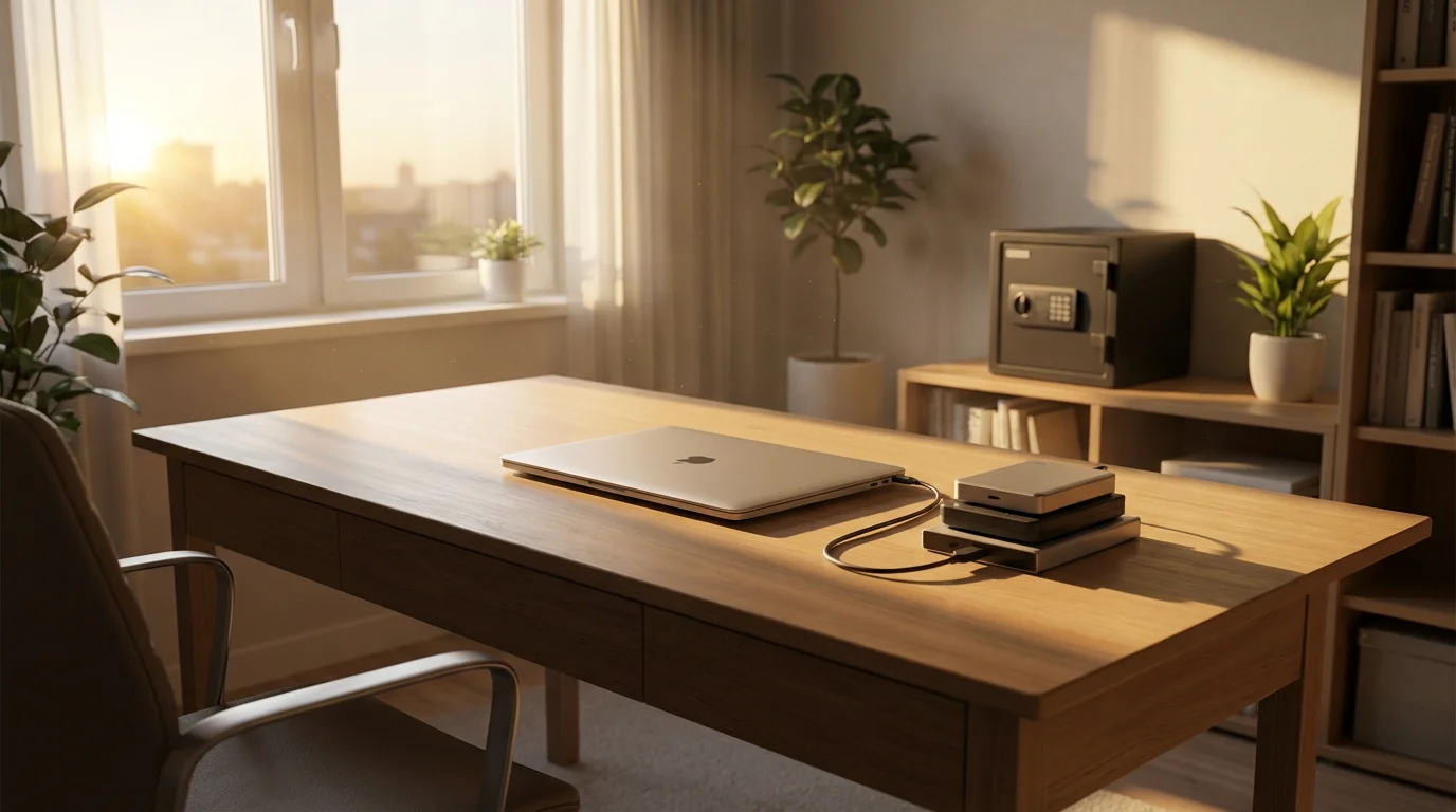 A home office with external hard drives and a safe for digital backups.