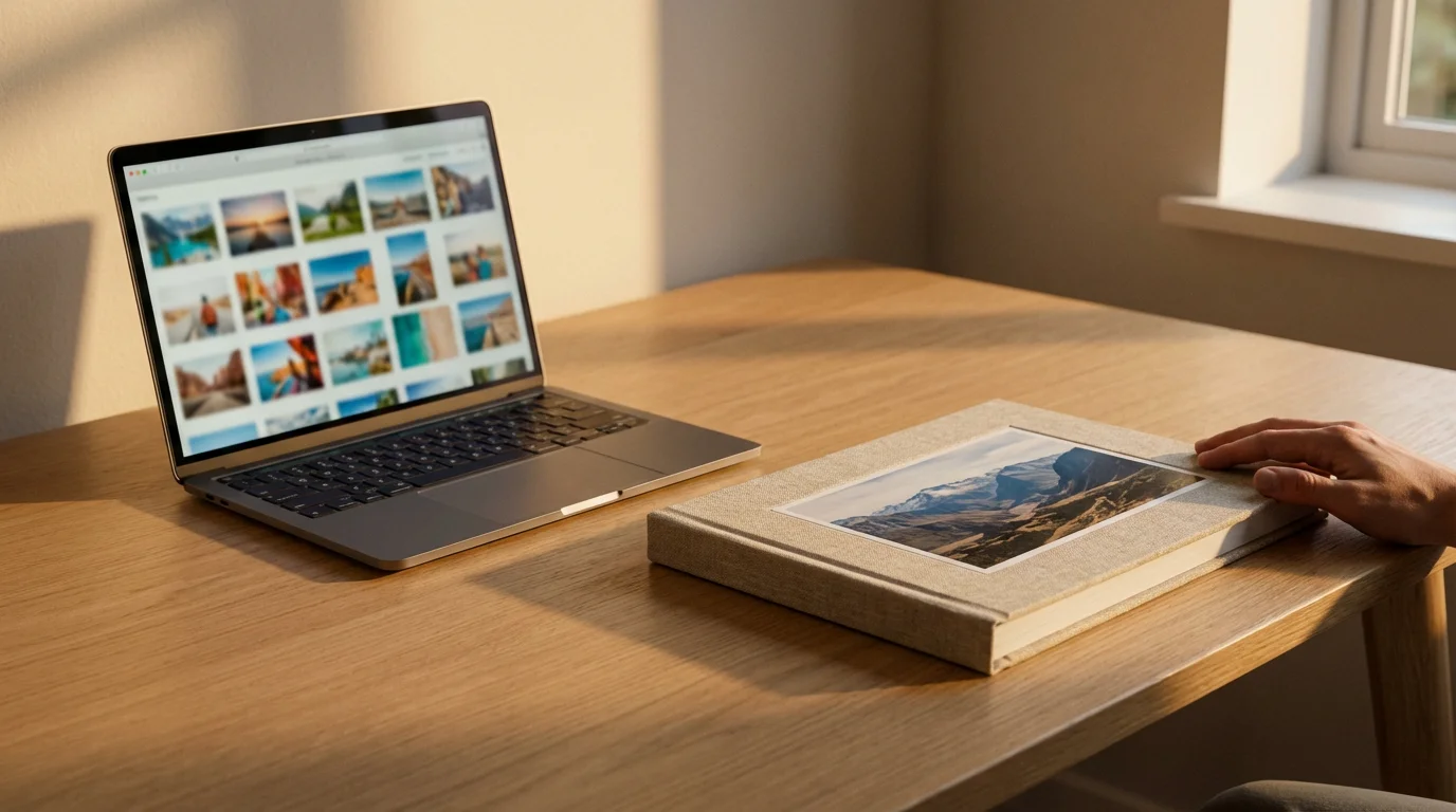 A laptop and a physical photo album side-by-side on a desk during golden hour.